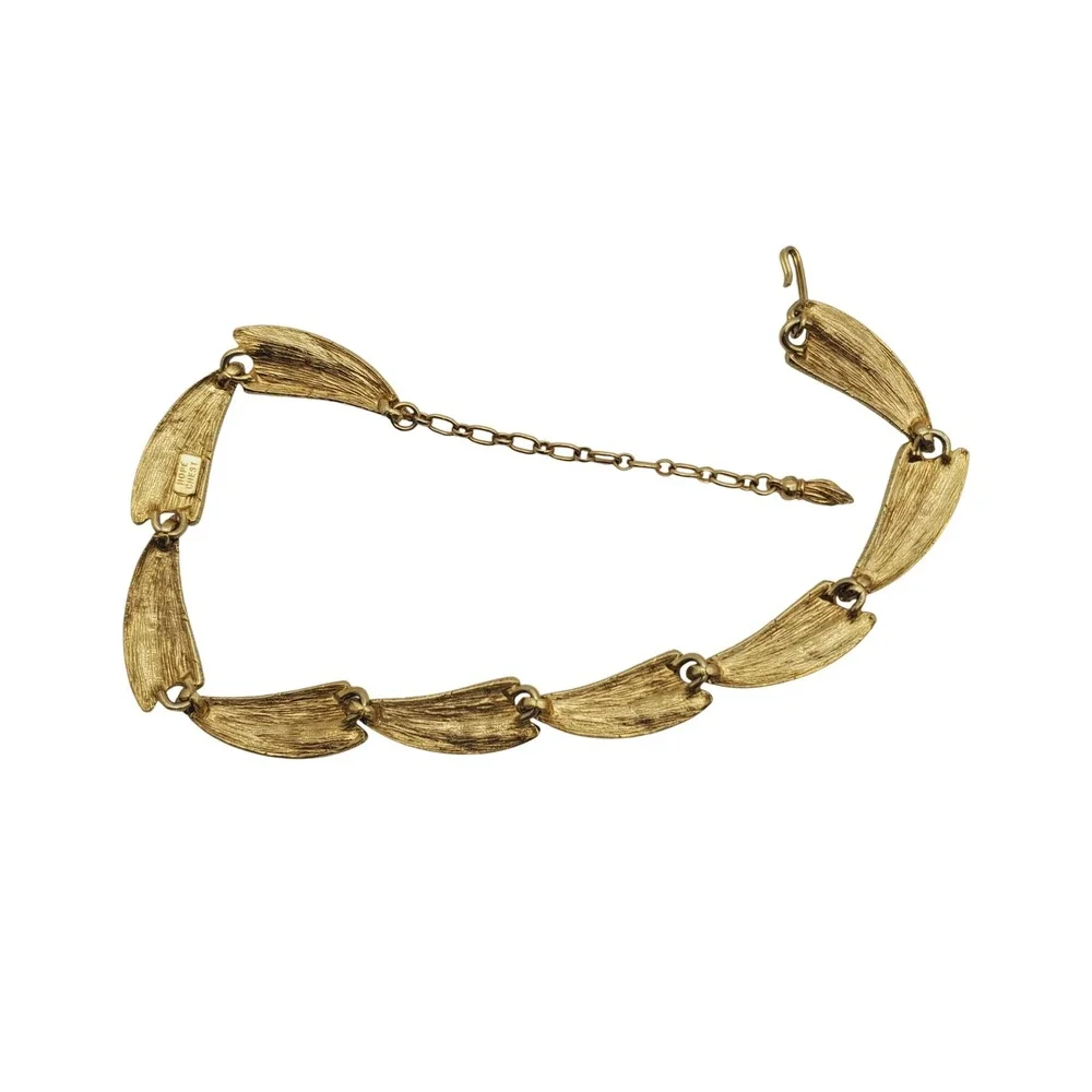 Hope Chest Choker Necklace Gold Tone Brushed Textured Leaf Link Mid Century Vtg